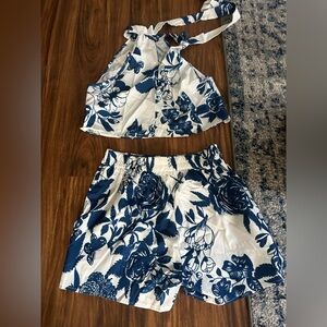 SHEIN White and Navy Blue Floral Two-Piece Set